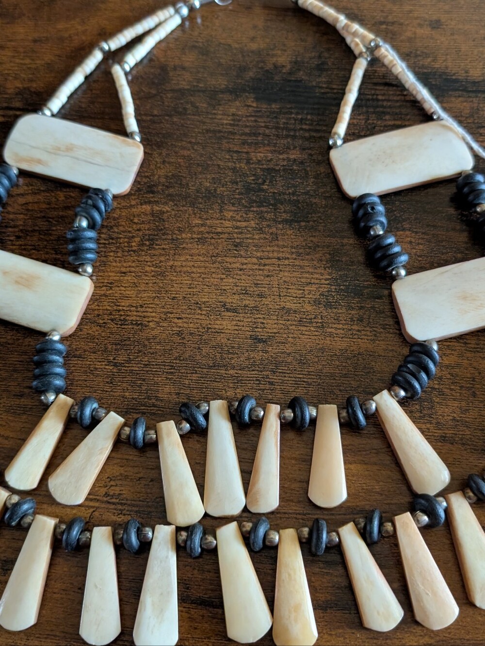Handcrafted Bone and Black Bead Statement Necklace - Natural Cream